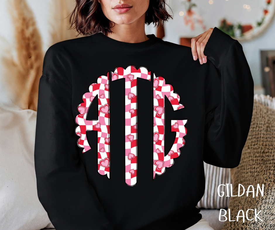 RED HEART CHECKERED MONOGRAM CREWNECK SWEATSHIRT