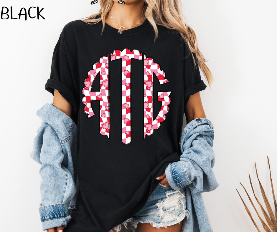 RED CHECKERED HEART MONOGRAM CC SHIRTS
